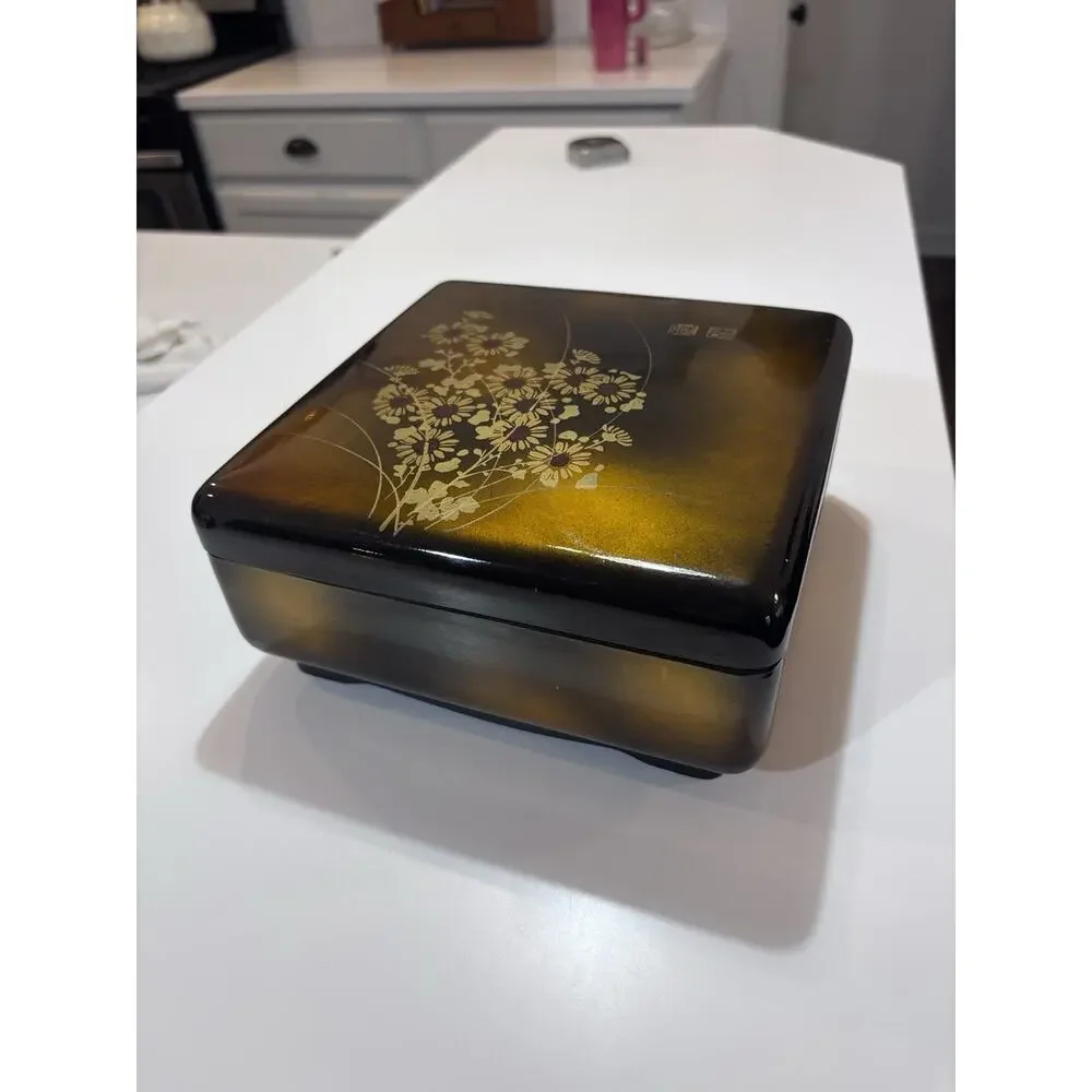 Vintage Japanese Lacquer Jewelry Writing Box Gold Floral MCM Chinoiserie Decor
